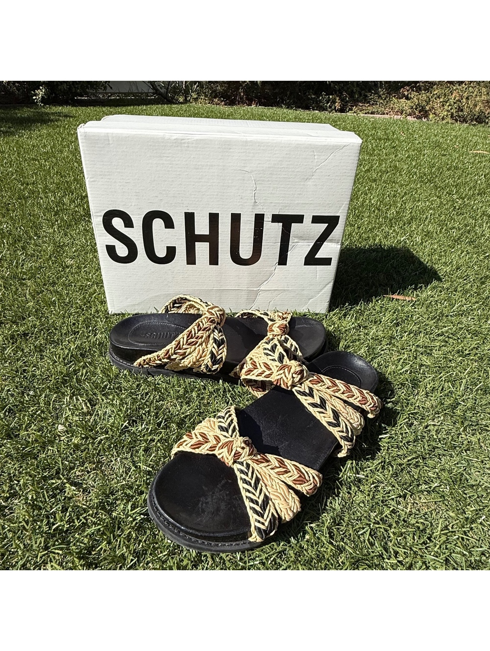 Schutz Sporty Raffia Knotted Slide Sandals